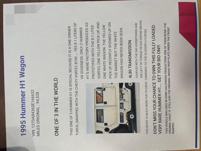 Image 1 of 1995 AMERICAN GENERAL H1 HMCS 1995 with VIN 137DA8436SE166632