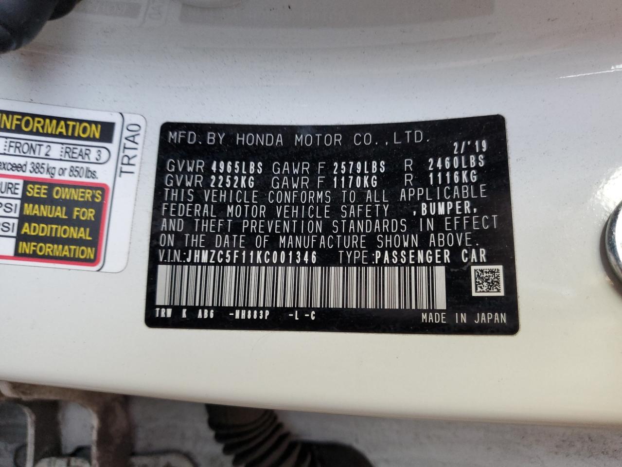 Image 1 of 2019 HONDA CLARITY  2019 with VIN JHMZC5F11KC001346